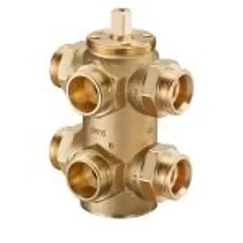 Goldfarbener Mehrwegeventil mit mehreren Anschlussmöglichkeiten, geeignet für die hydraulische Anbindung und Regelung von Heiz- und Kühlgeräten.
